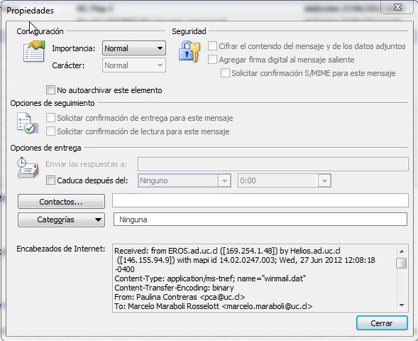 cabeceras de mensajes en Outlook 2010